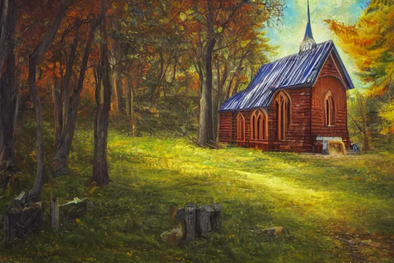 Prompt: wooden church in the forest, very detailed, focused, oil painting, colorful, canvas, artstation, Vsevolod Ivanov