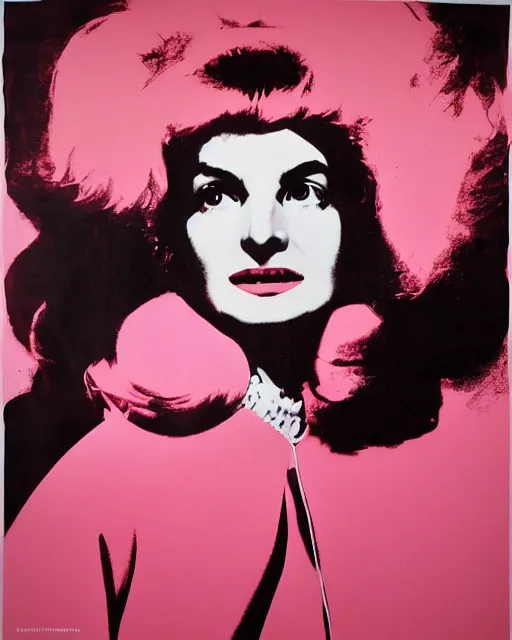 Prompt: beautiful fantasy character portrait, jacqueline kennedy silk screen print by andy warhol, wearing oversized puffy pink bomber jacket and black bikini, ultra realistic, wide angle, seductive pose, cyberpunk artifacts, highly detailed by peter mohrbacher, hajime sorayama, wayne barlowe, boris vallejo, aaron horkey, gaston bussiere, craig mullins