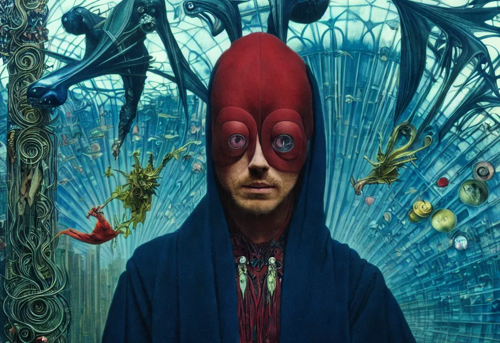 Image similar to realistic detailed portrait movie still of a birdman wearing dark robes, sci fi city landscape background by denis villeneuve, amano, yves tanguy, alphonse mucha, ernst haeckel, max ernst, roger dean, ridley scott, masterpiece, rich moody colours, blue eyes, snarling dog teeth