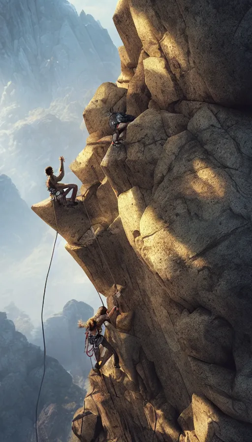 Prompt: rock climbers climbing a rock, an epic fantasy, dramatic lighting, cinematic, extremely high detail, photorealistic, cinematic lighting, matte painting, artstation, octane render by craig mullins, horizon forbidden west