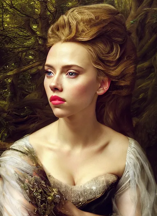 Image similar to Beautiful elsa, Looks like Scarlett Johansson, In the woods, Dramatic, Edge, Good, Infused, Backlight, De-Noise, VFX, insanely detailed and intricate, hypermaximalist, facial ,elegant, ornate, hyper realistic, super detailed, by Anthony Van Dyck, by Ivan Shishkin, by John Constable