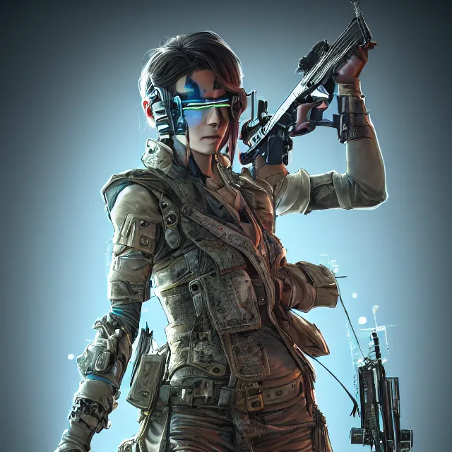 Image similar to the portrait of lawful neutral female cyberpunk infantry sniper as absurdly beautiful, gorgeous, elegant, young woman looking up, an ultrafine hyperdetailed illustration by kim jung gi, irakli nadar, intricate linework, bright colors, octopath traveler, final fantasy, unreal engine 5 highly rendered, global illumination, radiant light, detailed and intricate environment