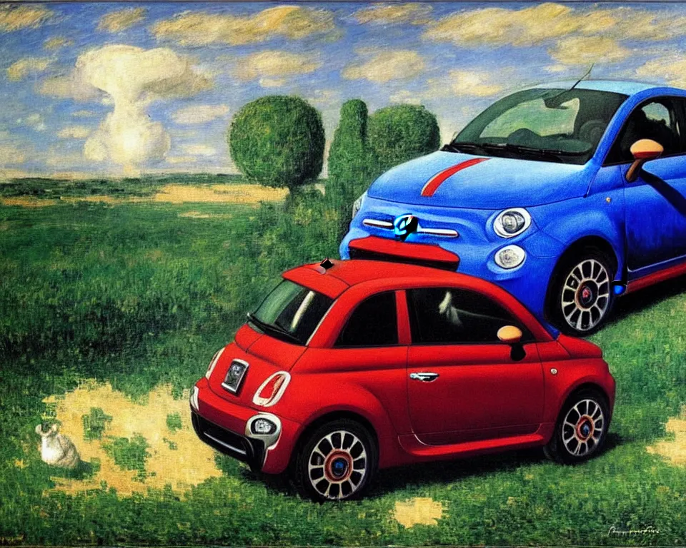 Image similar to achingly beautiful painting of a 2 0 1 3 fiat 5 0 0 abarth by rene magritte, monet, and turner.