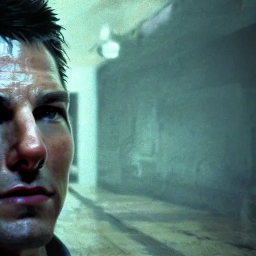 Prompt: a gaming screenshot portrait still of tom cruise in silent hill, greg rutkowski, zabrocki, karlkka, jayison devadas, phuoc quan, trending on artstation, 8 k, ultra wide angle, video game graphics, realistic unreal engine 3 d game, zenith view, cyberpunk pincushion lens effect