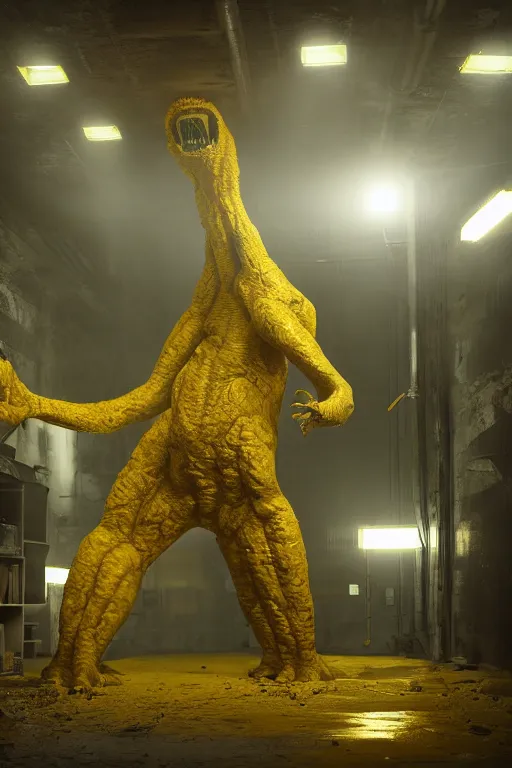 Image similar to Underground Lab, Huge monster alien, yellow, cinematic, 32k, cinematic lighting, octane