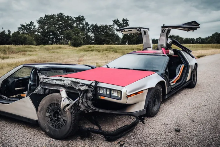 Image similar to a single delorean and tesla roadster hybrid, dslr