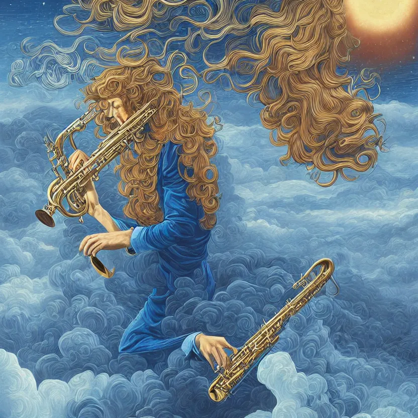 a young blond man with long curly hair playing sax, on Stable