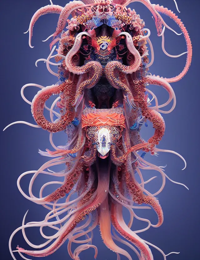 Image similar to 3 d goddess squid half - turn portrait with long hair with ram skull. beautiful intricately detailed japanese crow kitsune mask and clasical japanese kimono. betta fish, jellyfish phoenix, bio luminescent, plasma, ice, water, wind, creature, artwork by tooth wu and wlop and beeple and greg rutkowski