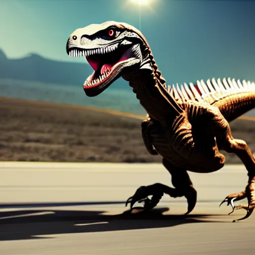 Image similar to a velociraptor driving a motorbike, photorealistic 3 d octane render, unreal engine