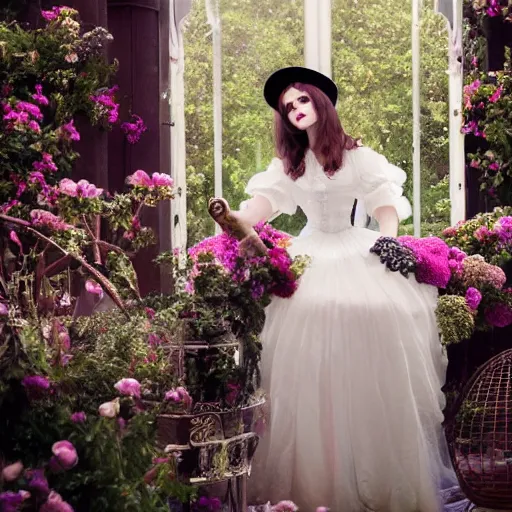 Prompt: wearing raybands wall full body fashion model emma watson smokey eyes makeup eye shadow fantasy, glow, shimmer as victorian woman in a long white frilly lace dress and a large white hat having tea in a sunroom filled with flowers, roses and lush fern flowers ,intricate, night, highly detailed, dramatic lighting , high quality