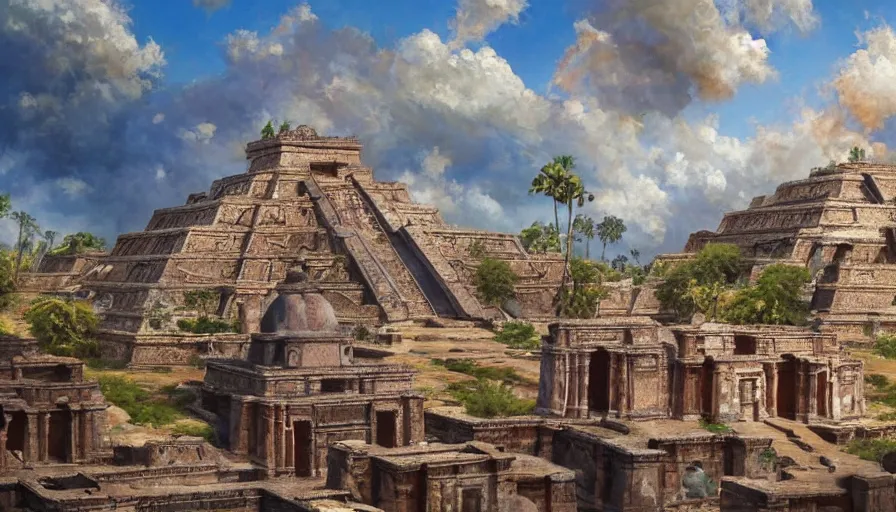 Image similar to excellent painted Aztec temples somewhere in Mexico with fluffy clouds, painted by Hans Fredrik Gude, Greg Rutkowksi, Craig Mullins and Artgerm, masterpiece, 4k, ultra realistic highly detailed oil painting