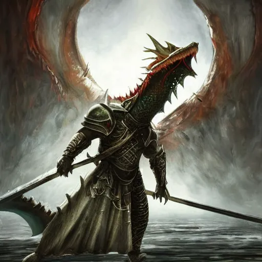 Image similar to an epic painting of an anthropomorphic crocodile as a knight fighting a dragon in Demon's Souls, trending on ArtStation