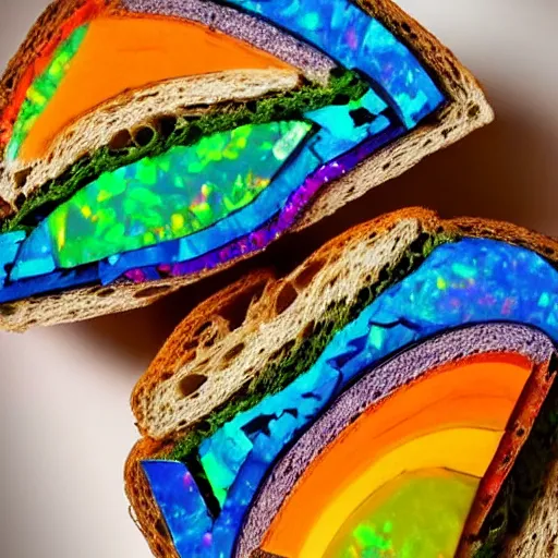 Image similar to an extremely high quality photo of a surreal rainbow-opal-topaz-sandwich, the polymer clay ((sandwich)) creation, a hybrid mixture of sandwichopalrainbow and opalrainbowtopaz, promotional photo, 4k polymer clay food photography