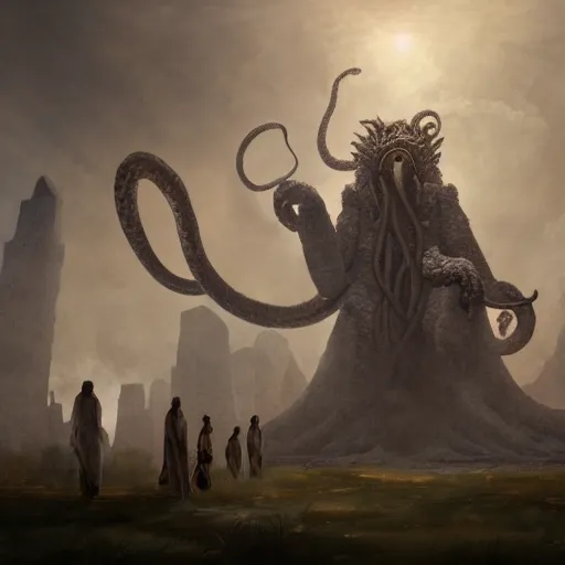 Image similar to Giant smoke monster coming out of the ground, thick swirling smoke, Nyarlathotep, Tentacles, mist, dramatic lighting, Byzantine ruins, surrounded by priests, desert, cinematic, trending on artstation