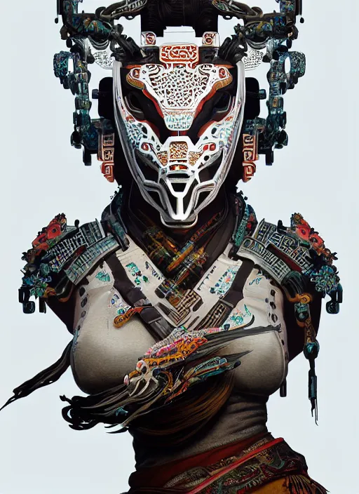 Image similar to portrait of a machine from horizon zero dawn, machine face, upper body, decorated with chinese opera motifs, asian, traditional chinese art, intricate, elegant, highly detailed, digital painting, artstation, concept art, smooth, sharp focus, illustration, art by artgerm and greg rutkowski and alphonse mucha, 8 k