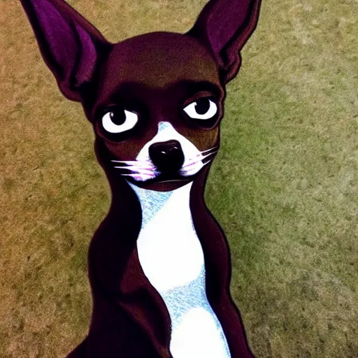 Image similar to a dark brown chihuahua, hyper detailed, in the style of junji ito!!!!!!, selfie shot straight on angle