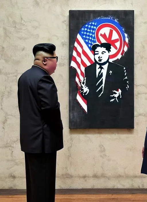 Prompt: banksy trump made peace with kim jong un art on canvas