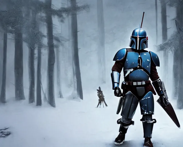 Image similar to jango fett mandalorian bounty hunter is surrounded by dead corpses with blood in a snow forest, concept art highly detailed, a mandalorian is looking at ahuge pile of grey helmets, great cinematic lighting, octane render, 8 k, depth of field, 3 d, art by greg rutkowski, trending on artstation, cinematographic shot