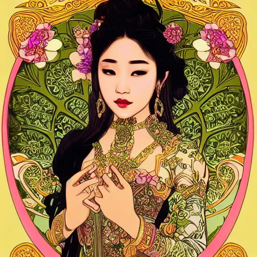 Image similar to beautiful bali princess by kittichai rueangchaichan, floralpunk, Artstation, art nouveau aesthetic, Alphonse Mucha background, intricate details, photo realistic, dramatic