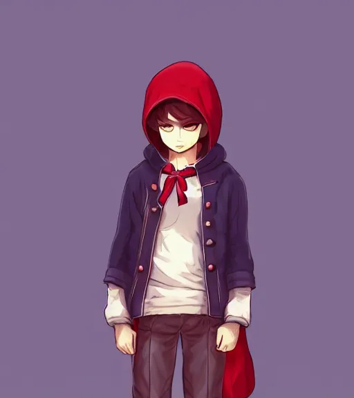 Image similar to attractive little boy character inspired in little red riding hood and kris from deltarune, digital artwork made by akihiko yoshida and makoto shinkai, anatomically correct, symmetrical