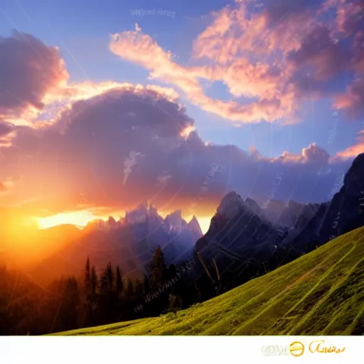 Prompt: sunset over the dolomite alps in summer, award winning, soft lighting, atmospheric