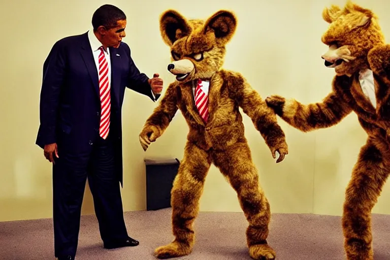 Image similar to “Barack Obama and Donald Trump fighting in fur suits at a furry convention, ultra realistic, highly detailed, award winning photo, ambient lighting”