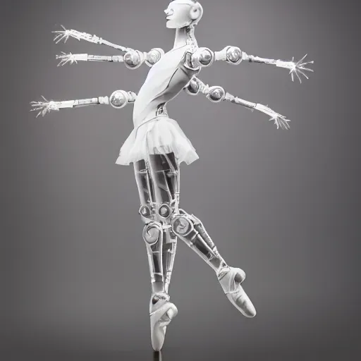 Prompt: beautiful centered fine art photo portrait of beautiful ballerina as a solarpunk robotic humanoid, white mechanical parts with led lights, ballet pose, photorealistic, white background, highly detailed and intricate, soft box lighting, hdr 8 k