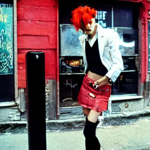 Prompt: androgynous punk smoking cigarette outside bar, photo kodachrome