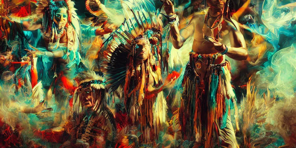 Image similar to of Native American shaman drumming by Liam Wong and Boris Vallejo