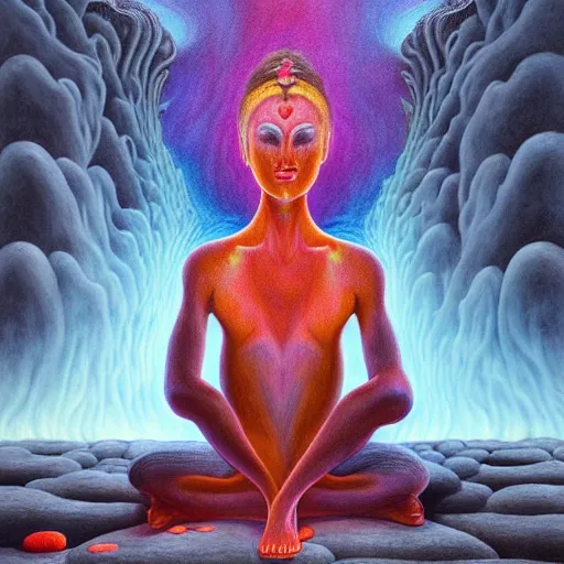 Prompt: the devil meditating in a zen garden with a lava waterfall in hell, by Adi granov and afarin sajedi and amanda sage and evgeni gordiets and Agostino Arrivabene and adonna khare in a psychedelic portrait style, ultrarealistic matte painting, volumetric lighting, fractal, extremely symmetrical, highly detailed face, orisha, 8k, hd