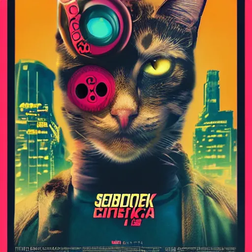 Image similar to cyberpunk cat, retro, movie poster