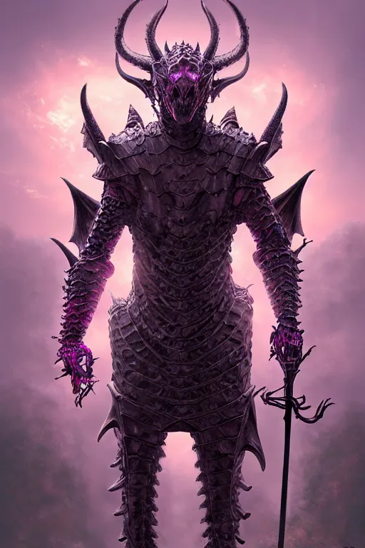 Image similar to hyperrealistic neo - gothic human dragon hybrid, exoskeleton armor, fighting with sword, field of pink flowers, highly detailed digital art masterpiece, vitaly bulgarov dramatic dark teal light, ground angle hd 8 k, sharp focus