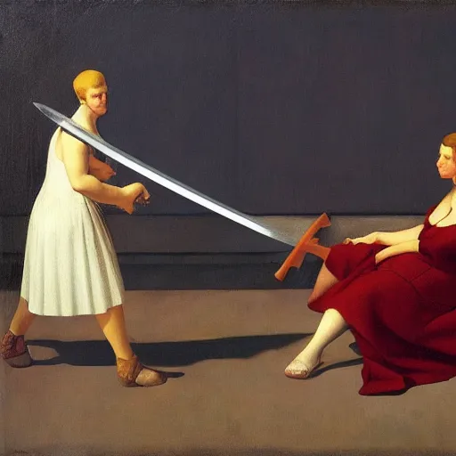 Prompt: a lovers quarrel with swords and knives by Raphael, Hopper, and Rene Magritte. detailed, romantic, enchanting, trending on artstation.