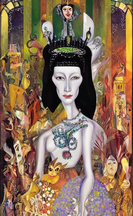 Image similar to a Hungarian portrait of a Queen, by Marcel Jankowicz, by Kay Nielsen, by Mary Blair, by Georgia o Keeffe, trending on artstation , winner,dark fantasy, tonalism