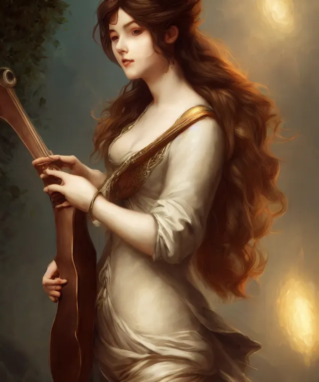 Prompt: bard playing lute by charlie bowater and titian and artgerm, full body portrait, intricate, face, elegant, beautiful, highly detailed, dramatic lighting, sharp focus, trending on artstation, artstationhd, artstationhq, unreal engine, 4 k, 8 k