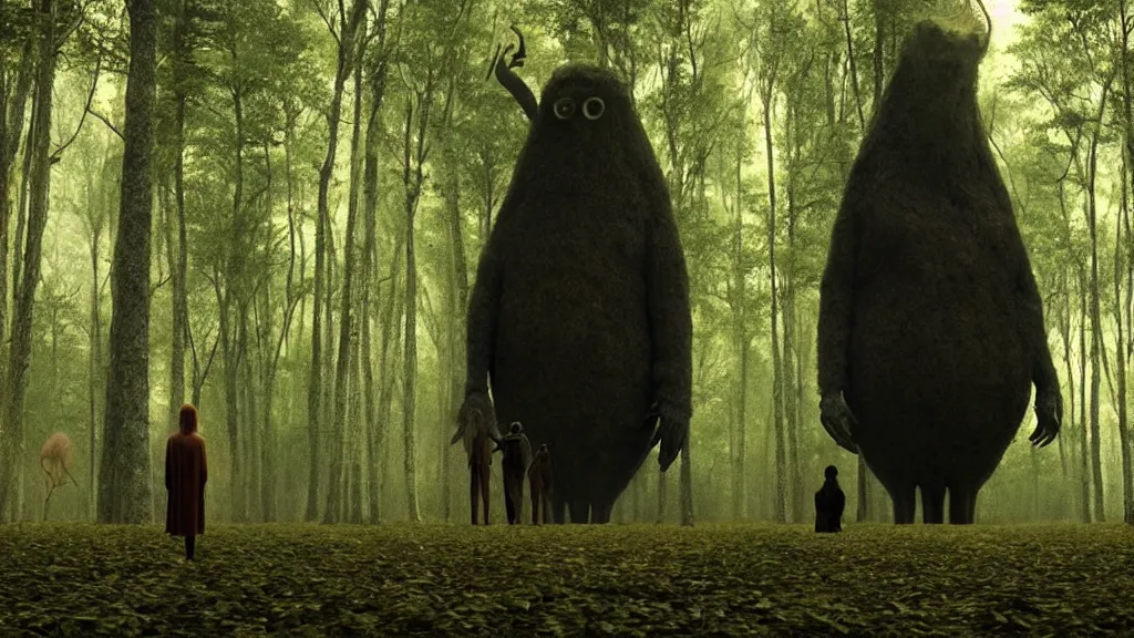 Prompt: the tall strange creature waits in the forest, film still from the movie directed by Denis Villeneuve with art direction by Salvador Dalí, wide lens
