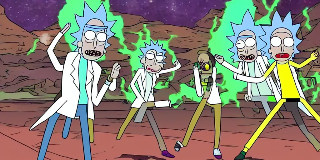 Prompt: rick and morty adventure, battling aliens