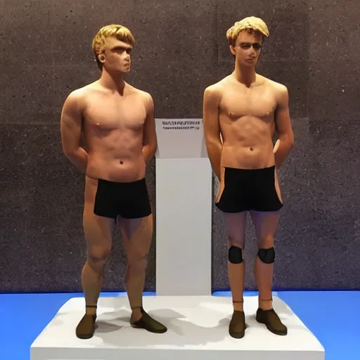 Image similar to “a realistic detailed photo of a guy who is an attractive humanoid who is half robot and half humanoid, who is a male android, British diver Jack Laugher & Chris Mears, shiny skin, posing like a statue, blank stare, at the museum, on display”