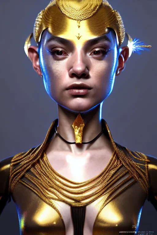 Image similar to hyperdetailed portrait of a stunningly beautiful movie 3 0 years old french movie star androgynous woman guard made of iridescent metals, shiny gems, inspired by ross tran and wlop and masamune shirow and kuvshinov, concept art, intricate, photorealistic, octane render, rtx, hdr, unreal engine, dnd digital art by artgerm