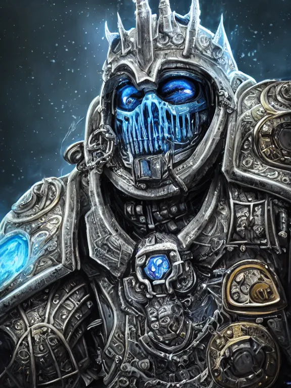 Image similar to portrait art of 8k ultra realistic undead lich king space marine , intricate high tech helmet , detailed intricate ornate space suit,decaying, cybernetic, full of colour, cinematic lighting, battered, trending on artstation, 4k, hyperrealistic, focused, extreme details,unreal engine 5, cinematic, masterpiece, art by ayami kojima, giger