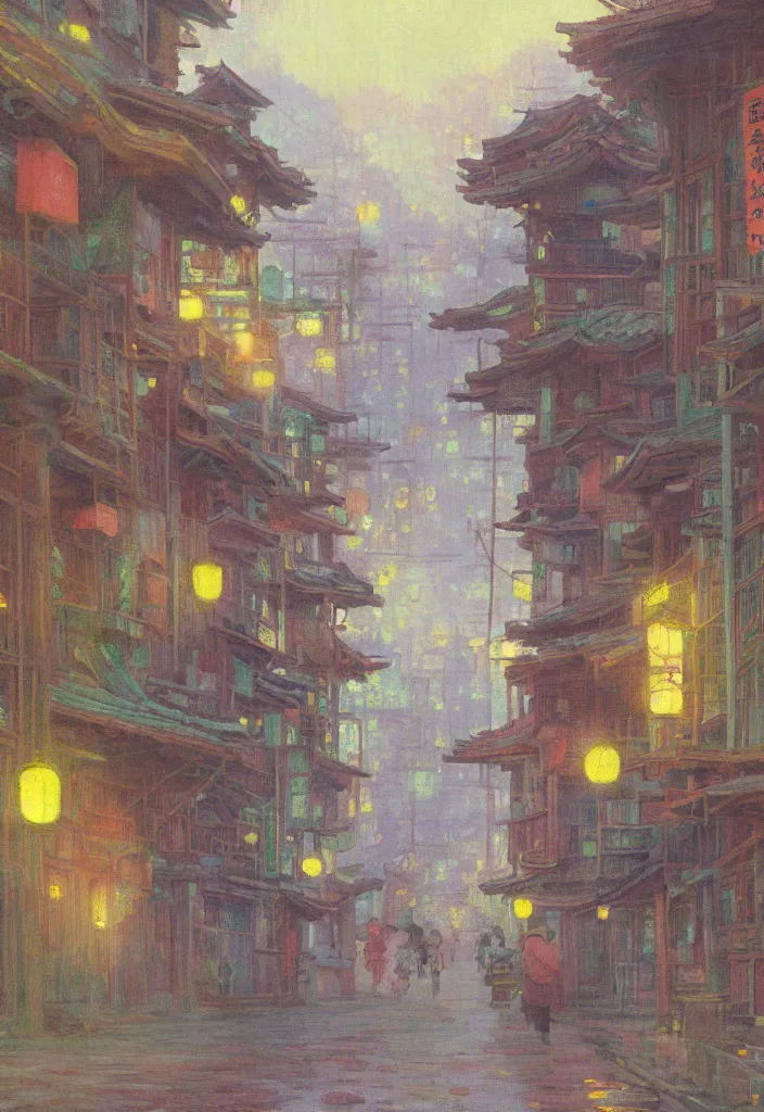 Image similar to a beautiful japanese city near the sea, amazing ryokans and gorgeous edo era houses, epic cyberpunk, lofi vibe, colorful, vivide colors, amazing light, really beautiful nature, oil painting in impressionist style, by jeremy lipkin, by claude monet, by makoto shinkai, multiple brush strokes, inspired by ghibli, masterpiece, beautiful