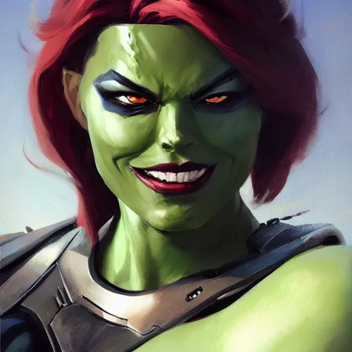 Image similar to greg manchess portrait painting of armored gamora as overwatch character, medium shot, asymmetrical, profile picture, organic painting, sunny day, matte painting, bold shapes, hard edges, street art, trending on artstation, by huang guangjian and gil elvgren and sachin teng