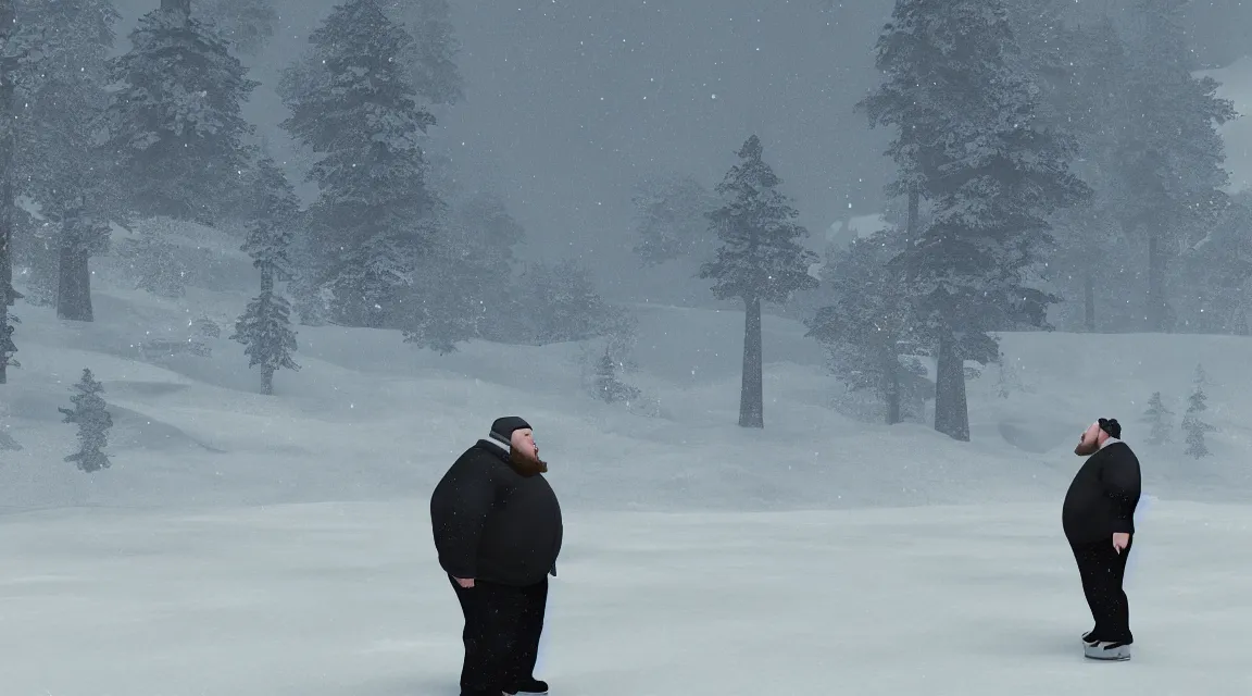 Image similar to a portrait of a fat man on the ice, using weighted vests, snowstorm, flat design, screen print by Kawase Hasui and dan hillier, 8k unreal engine