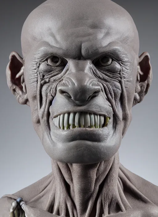 Image similar to a bust sculpture of anatomical detailed gray orc, alberto fujimori, green blood, become human, ceramic base, orthographic, studio lighting