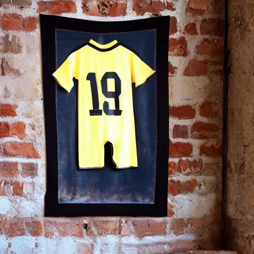 Prompt: medieval soccer jersey, hanging on a wall in a castle