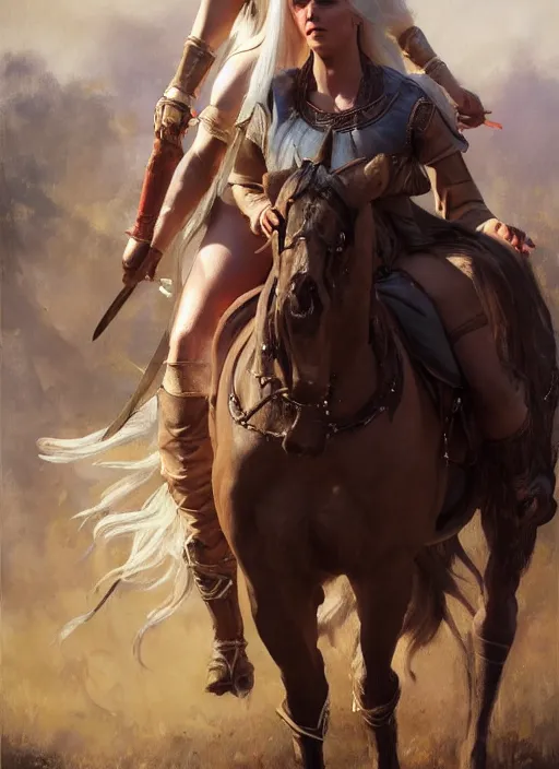 Image similar to painting of lady godiva with ciri from the witcher. by Daniel F. Gerhartz, hyperrealistic oil painting, 4k, very detailed faces, studio lightning