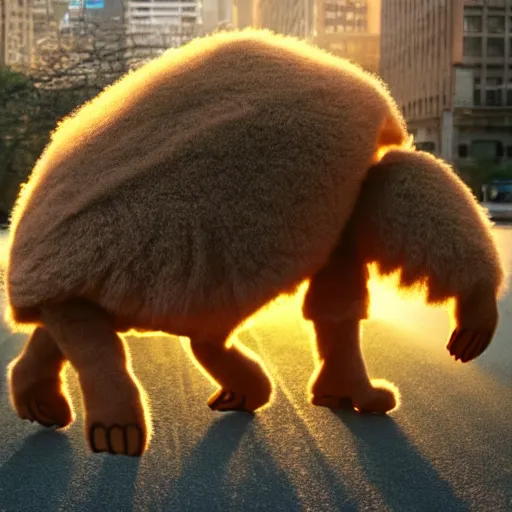 Image similar to colossal fluffy tardigrade, new york, golden hour, cinematic, action shot