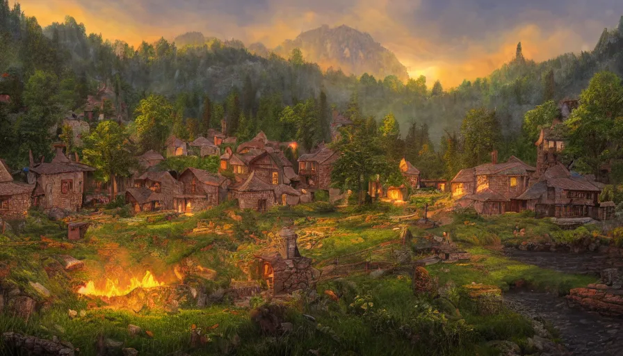 Prompt: medieval village built at the foot of humongous green mountains with forest and lake, fireplace, crowded paths, sunrise, hyperdetailed, artstation, cgsociety, 8 k