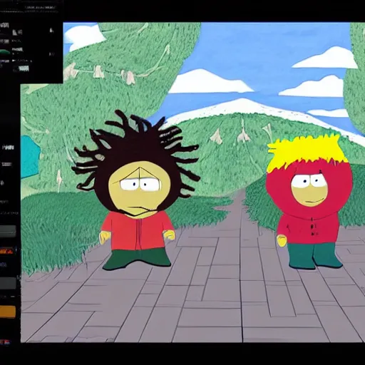 Image similar to a highly detailed painting of a boy with dreadlocks and a beard in the virtual reality of southpark, he does a lot of mischief and dances with the other members of the series