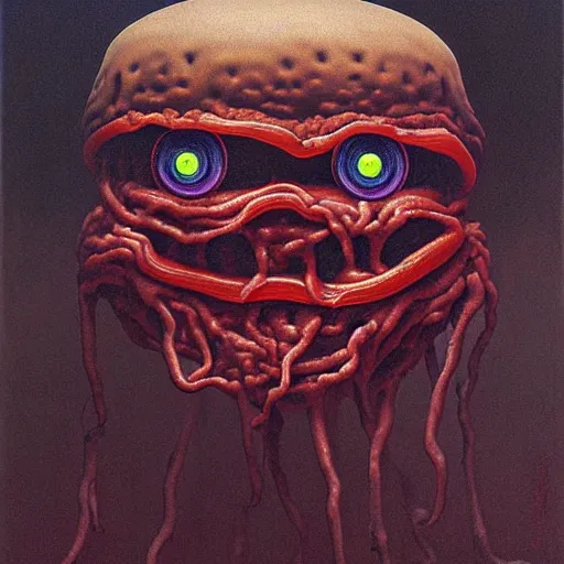 Prompt: horrifying eldritch cheeseburger, painting by zdzisław beksinski, product photograph, 4 k, dark atmosphere, horror, veins, oozing slime